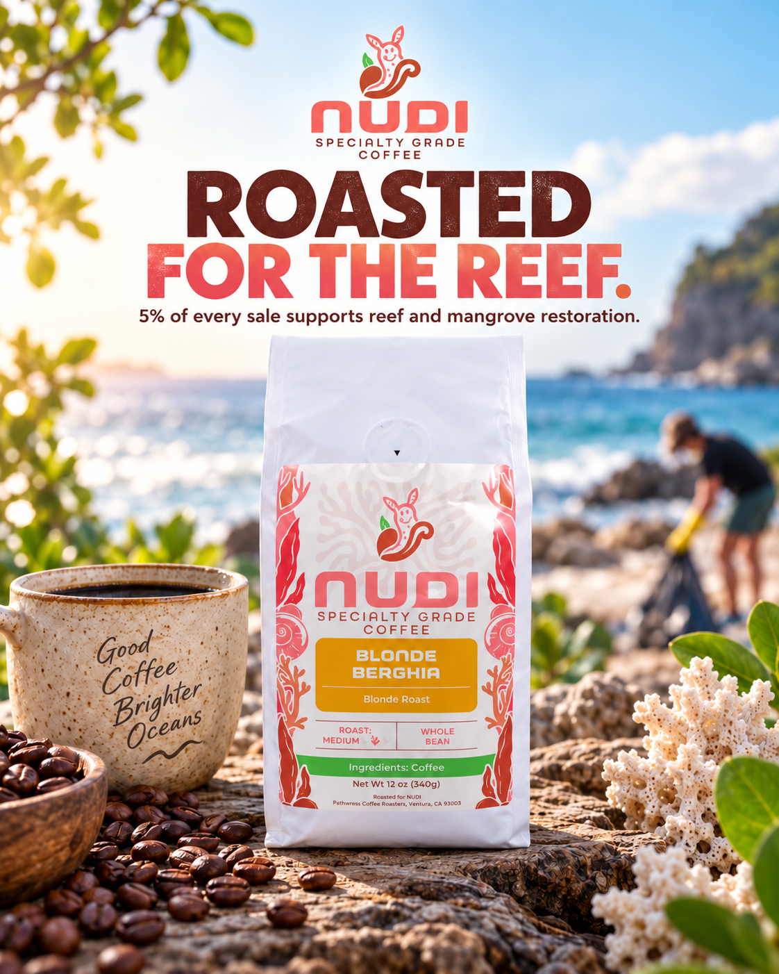 NUDI Coffee Roasted for the Reef campaign graphic